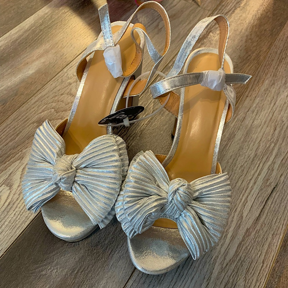 Silver Block Heel Sandals with Bow